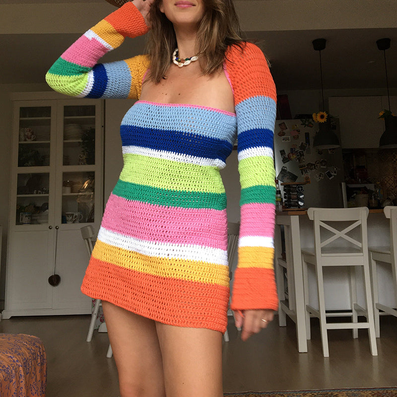 Rainbow Crochet Mini Dress – Vibrant & Handcrafted Perfection