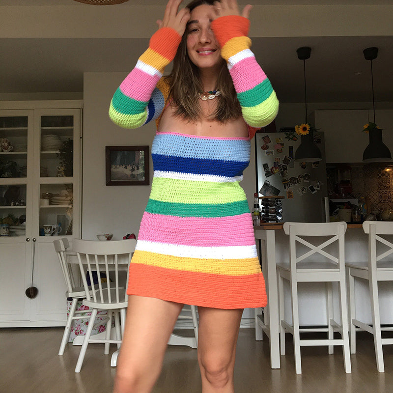 Rainbow Crochet Mini Dress – Vibrant & Handcrafted Perfection