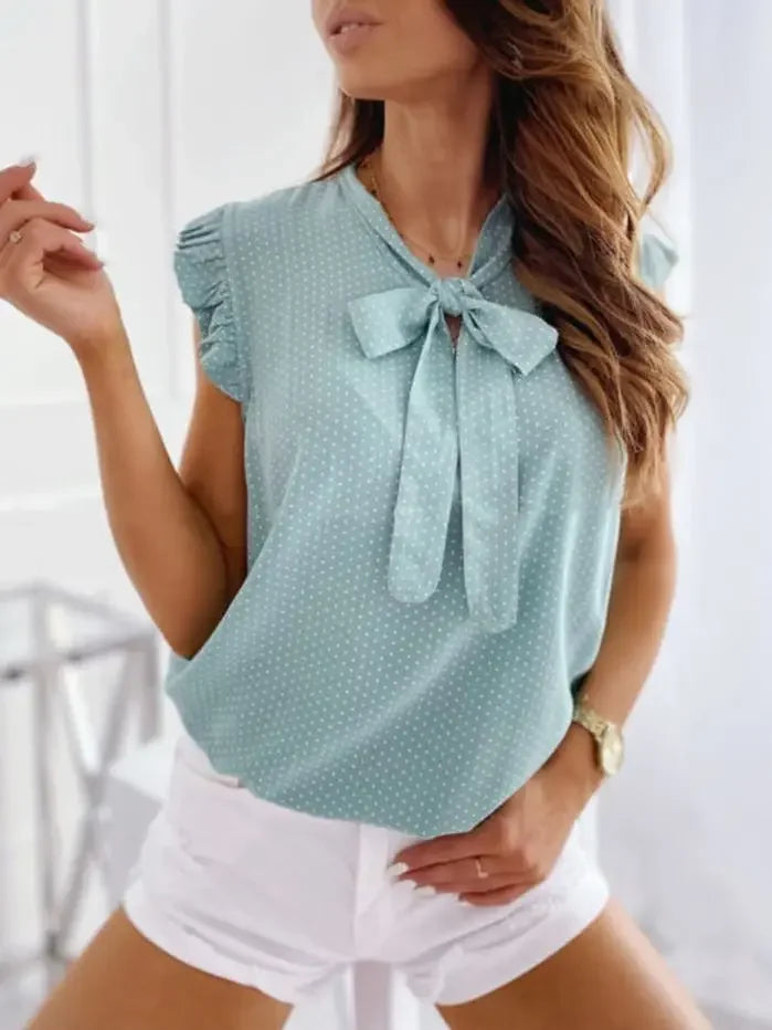 Classic Polka Dot Design | Feminine Ruffle Sleeve Top with Bow