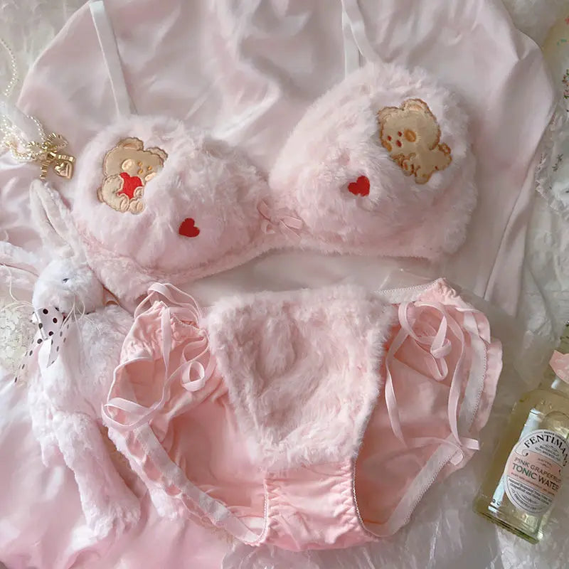 Japanese Girls Cute Lingerie Set: Cartoon Bear Plush Wireless Bra & Panty for Women