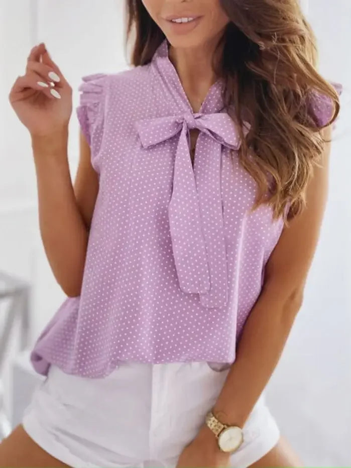 Classic Polka Dot Design | Feminine Ruffle Sleeve Top with Bow