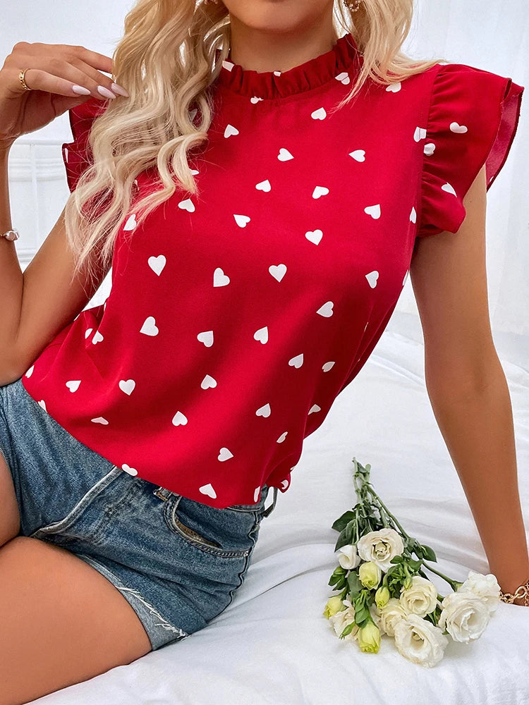 Sweetheart Style: Ruffled High-Neck Heart Print Blouse