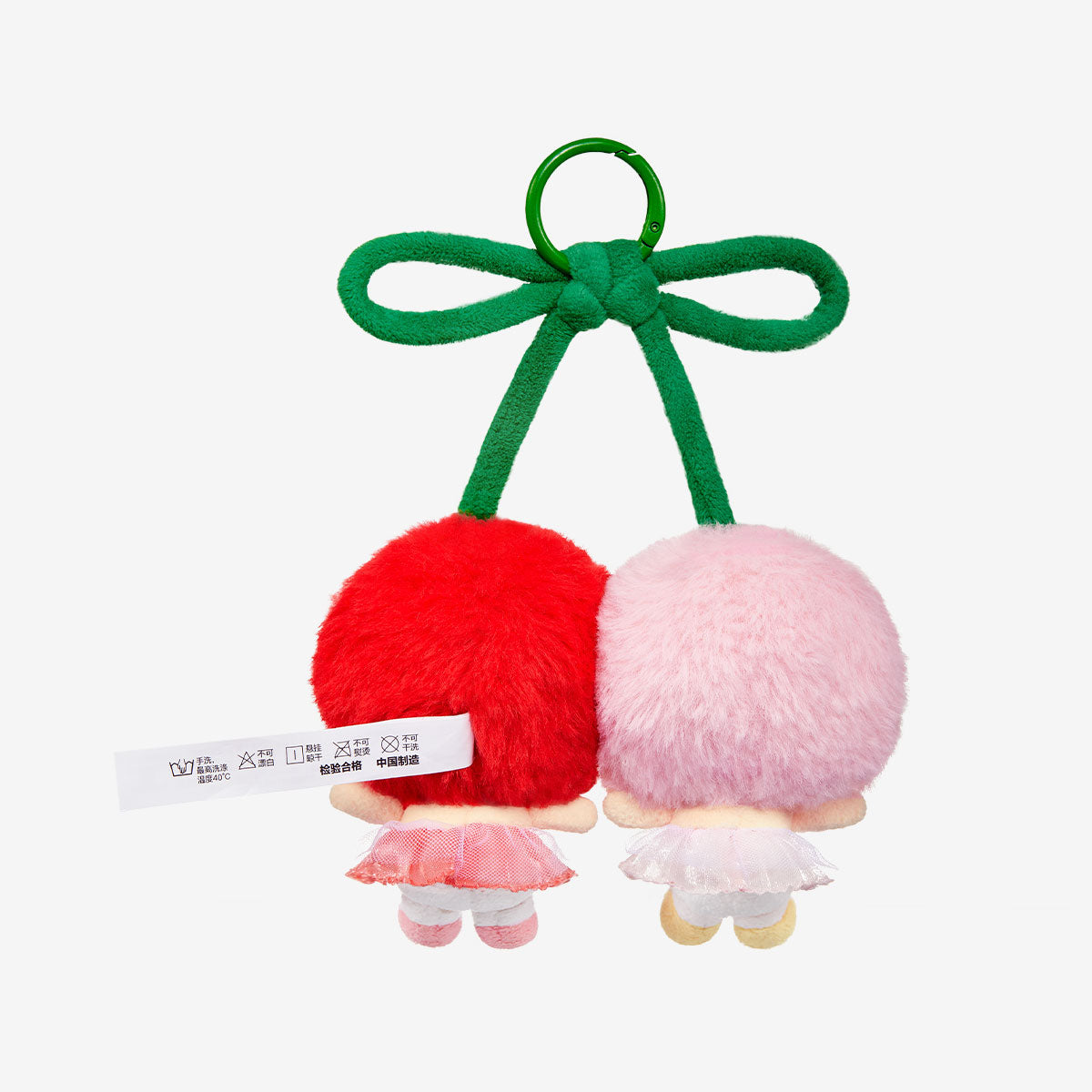 Pop Mart Cry Again Series, love you cherry much. Two plush toys with a green ribbon on a white background