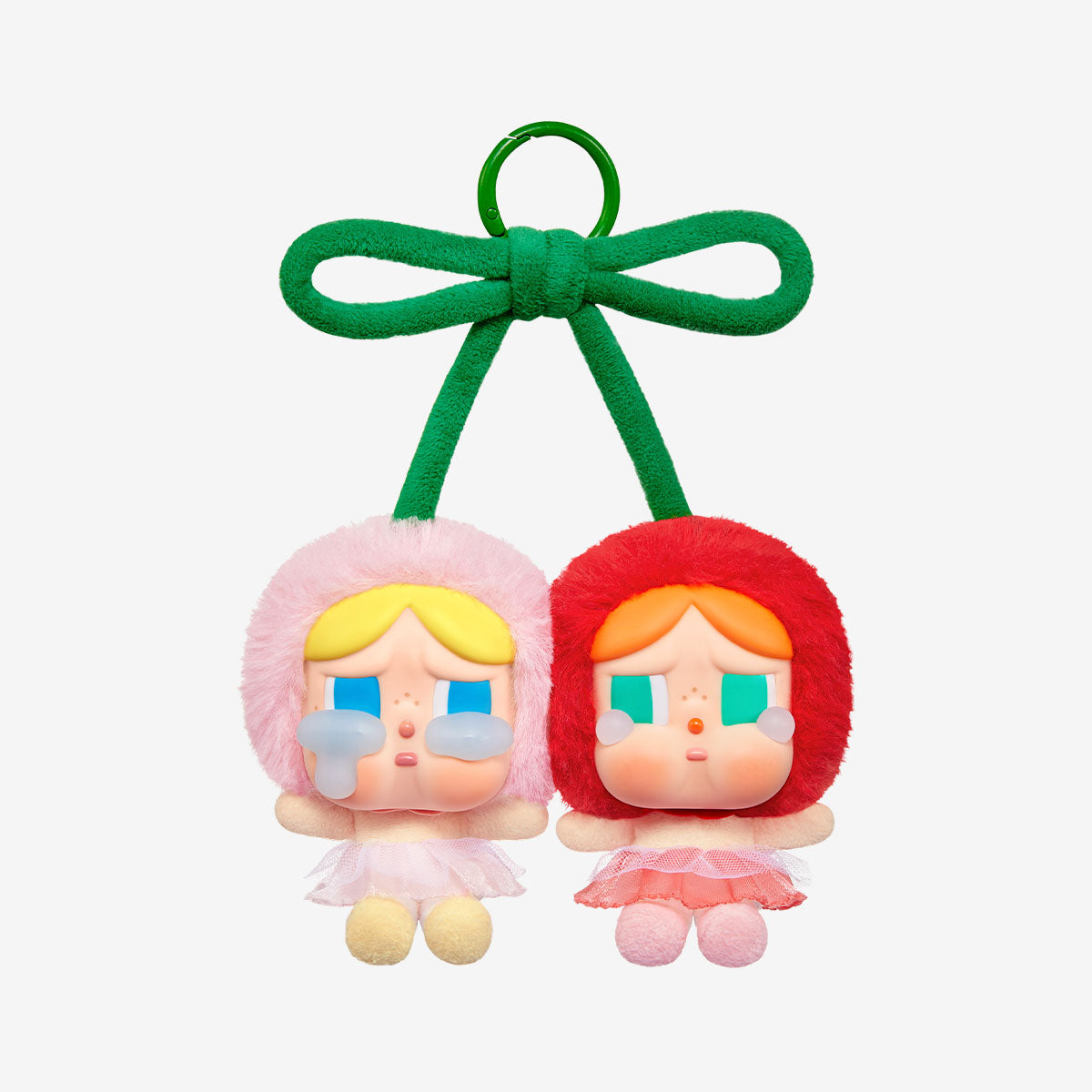 Pop Mart Cry Again Series, love you cherry much. Two plush toys with green hair ties on a white background