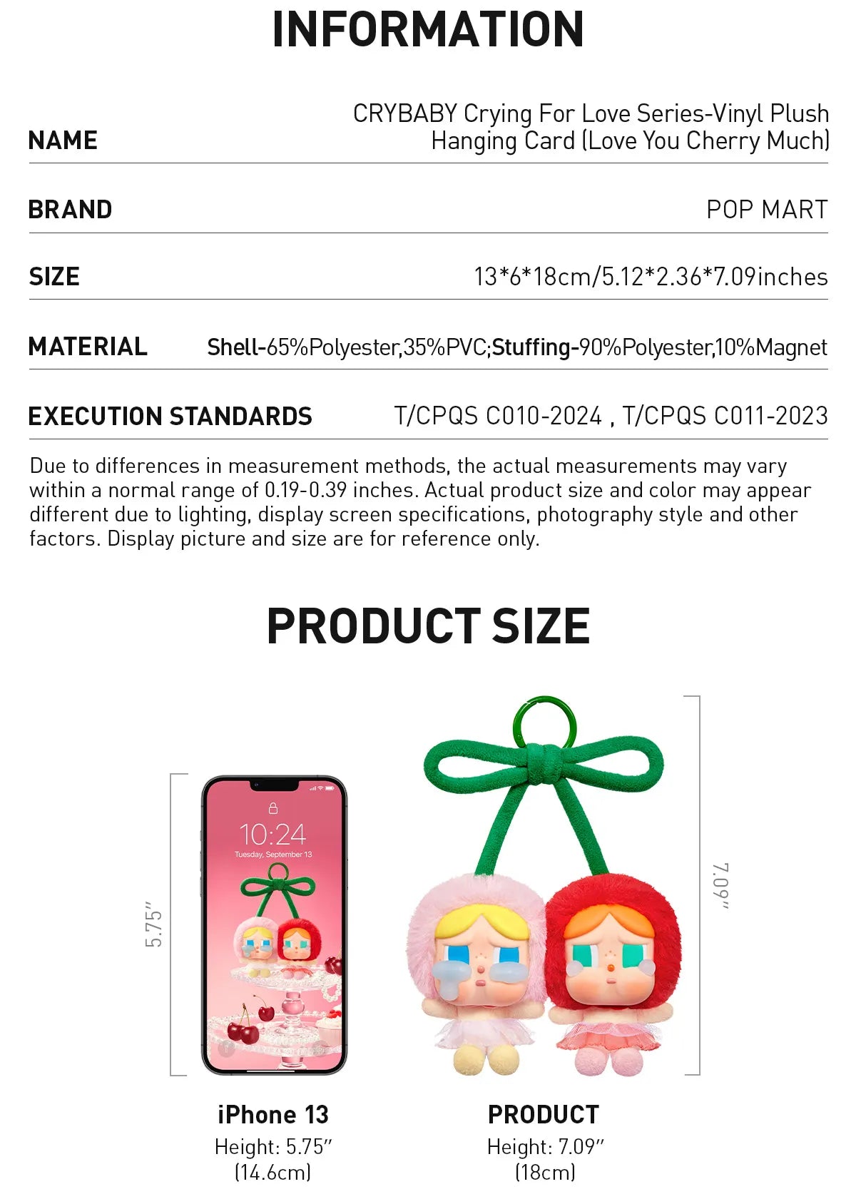 Pop Mart Cry Again Series, love you cherry much. Product information card for a CRYBABY plush hanging card with dimensions and material details.