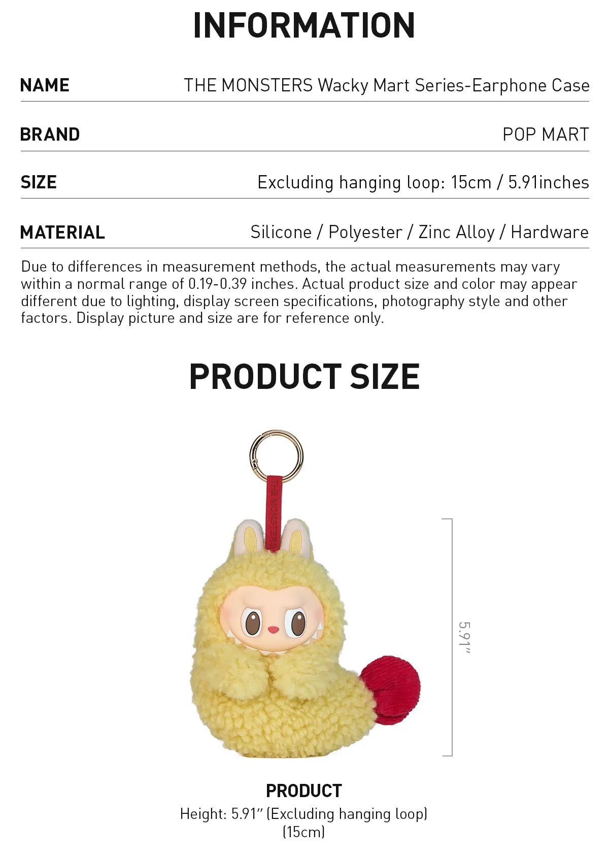 Product information card for a yellow monster Labubu earphone case with dimensions and material details.