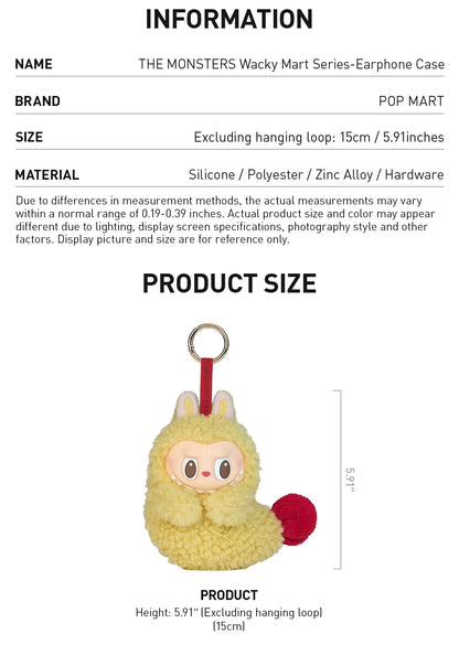 Product information card for a yellow monster Labubu earphone case with dimensions and material details.
