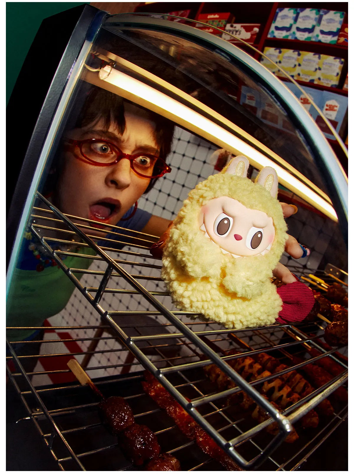 Popmart wacky mart series. Person with a surprised expression holding a plush toy inside an oven.