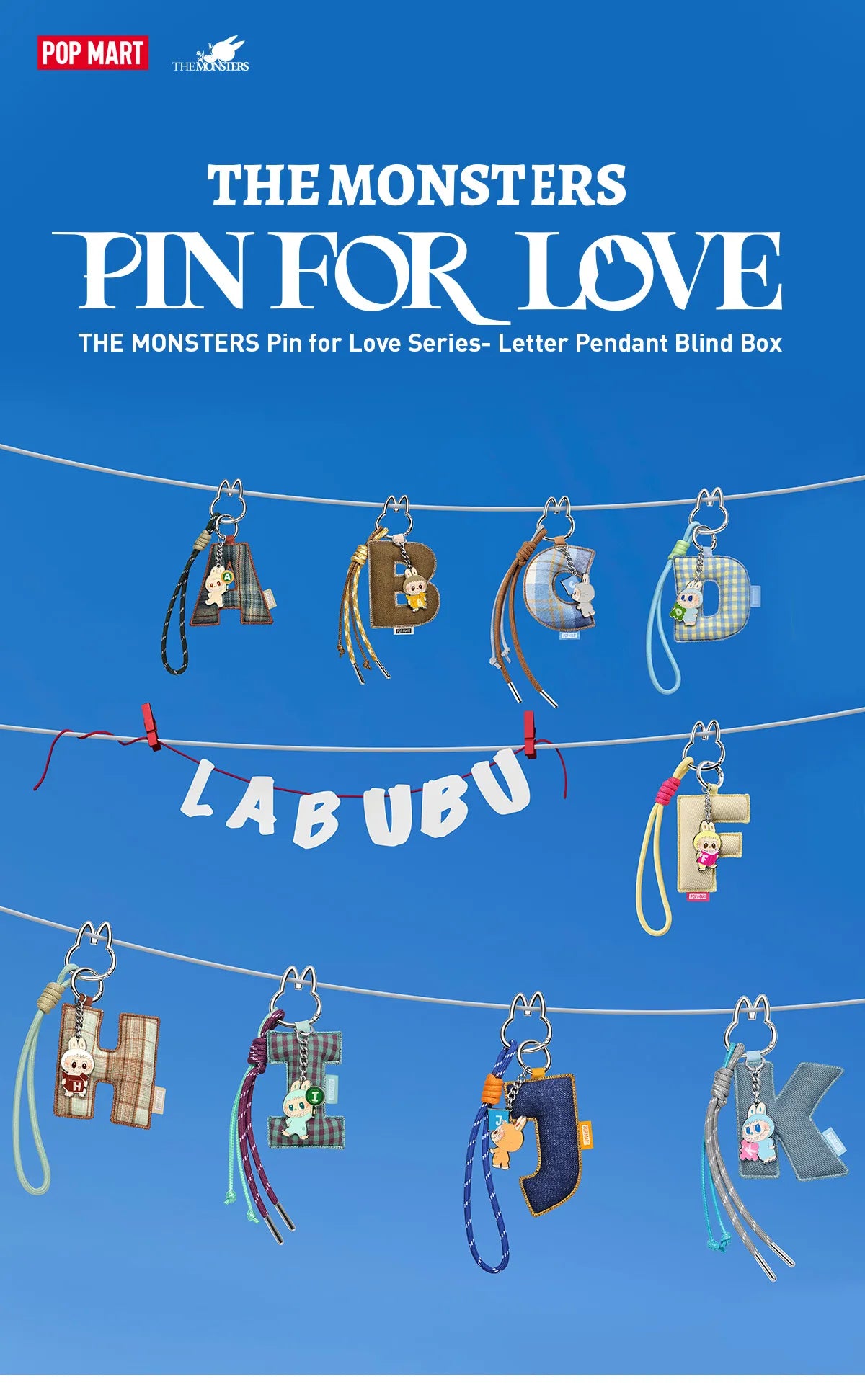 Collection of letter-shaped pendants on a blue background with text 'The Monsters Pin for Love' and 'Labubu'.