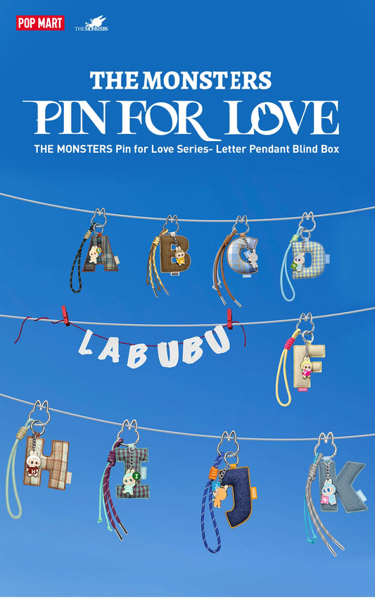 Collection of letter-shaped pendants on a blue background with text 'The Monsters Pin for Love' and 'Labubu'.