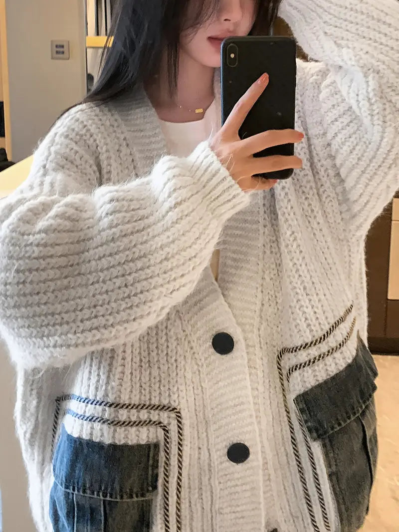 Relaxed Fit Knitted Cardigan with Denim Contrast