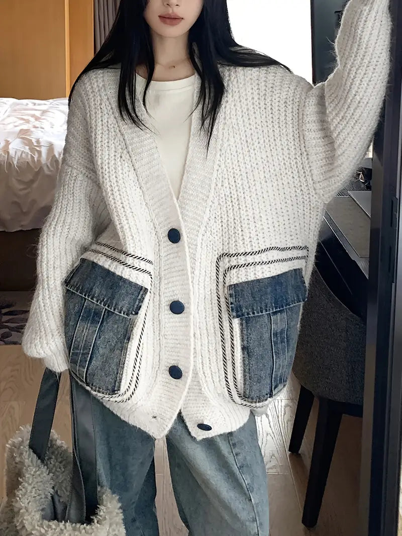 Relaxed Fit Knitted Cardigan with Denim Contrast