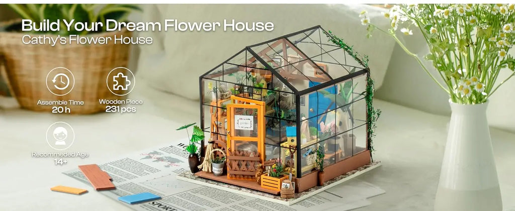 🌿 Mini Green House – Cathy’s Flower House DIY Dollhouse Kit (with LED)