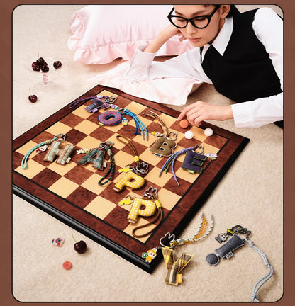 Labubu Pin for Love. Person playing with a decorative chess board featuring jewelry pieces.