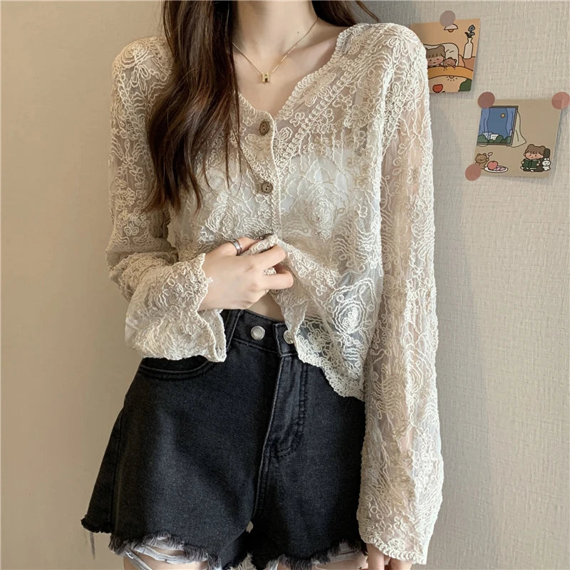 Sheer Crochet Top – Long Sleeve Button Front V-Neck Blouse