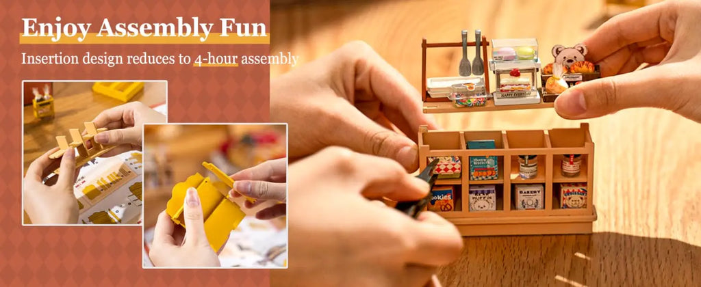 Wooden assembly toy set with hands assembling it on a wooden surface.