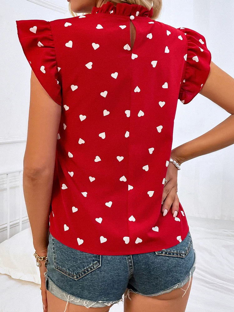 Sweetheart Style: Ruffled High-Neck Heart Print Blouse