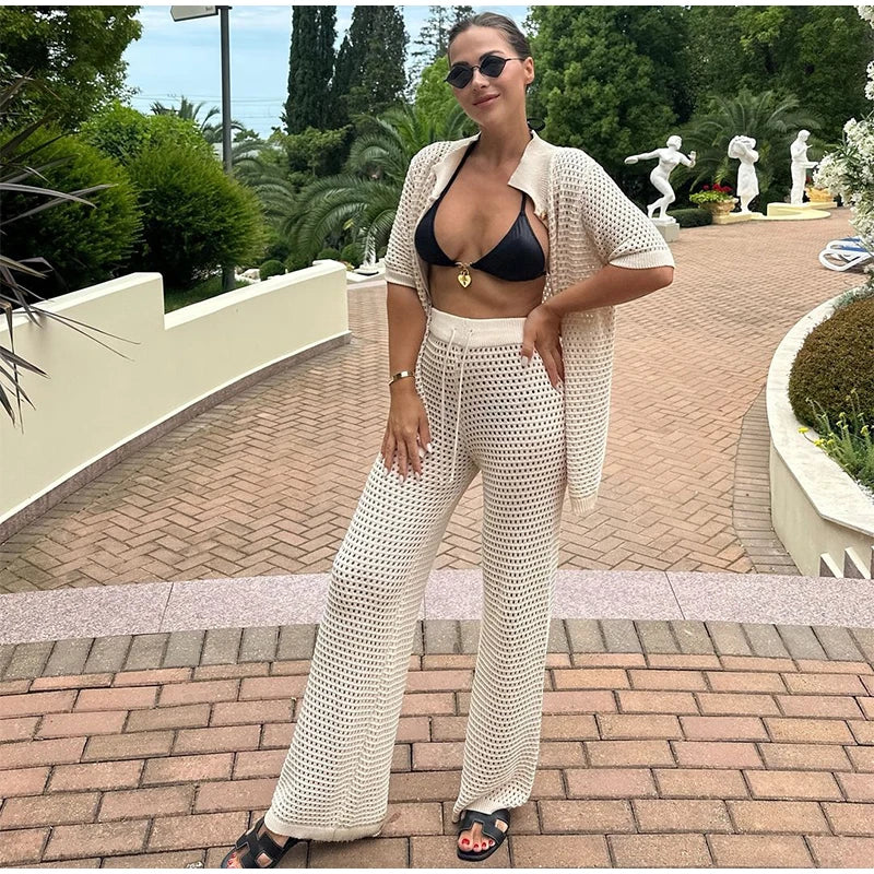 Seaside Glam – Open-Knit Cardigan & Wide-Leg Pant Ensemble