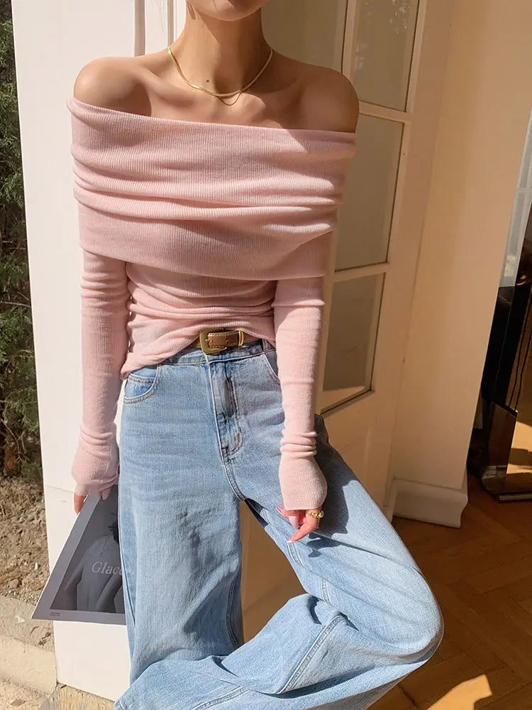 Élancée: Cozy & Chic Off-Shoulder Long Sleeve Sweater