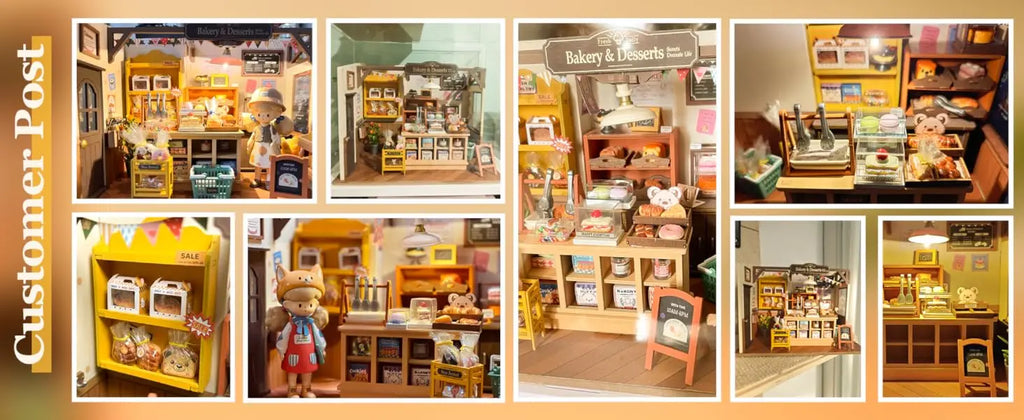 Collage of miniature store setups with various products and decorations.