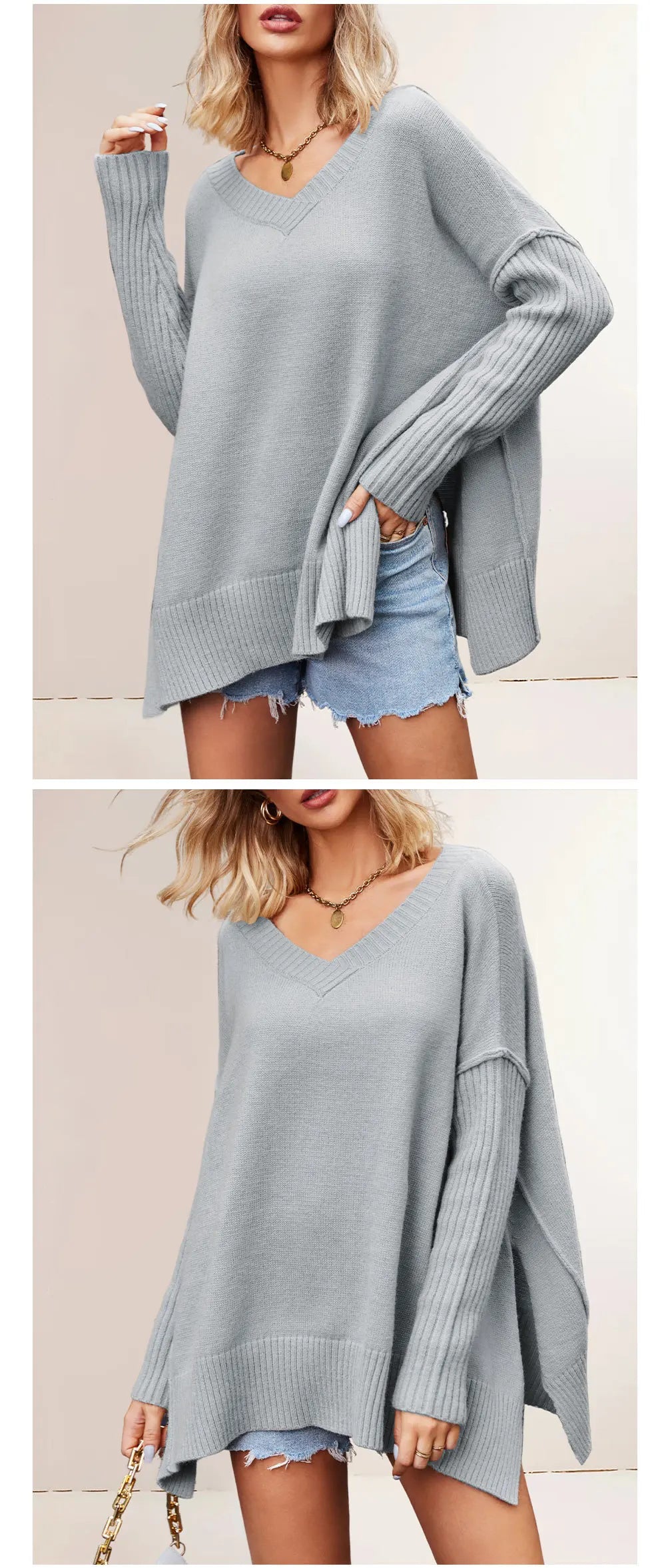 Light blue oversized sweater worn by a model with denim shorts on a plain background