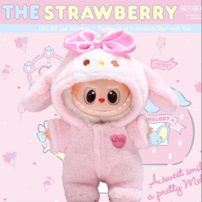 Labubu Pink plush toy with a bow on a pink background with 'The Strawberry' branding.