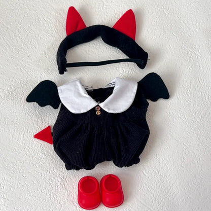 Devil-themed Labubu outfit with black romper, red shoes, and headband on a white background