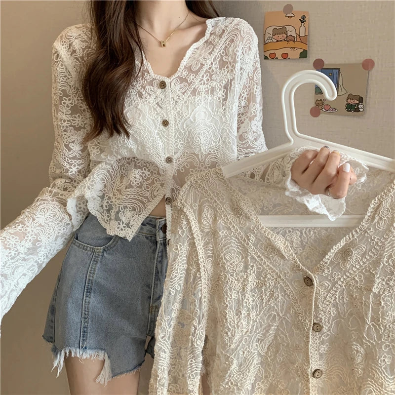 Sheer Crochet Top – Long Sleeve Button Front V-Neck Blouse