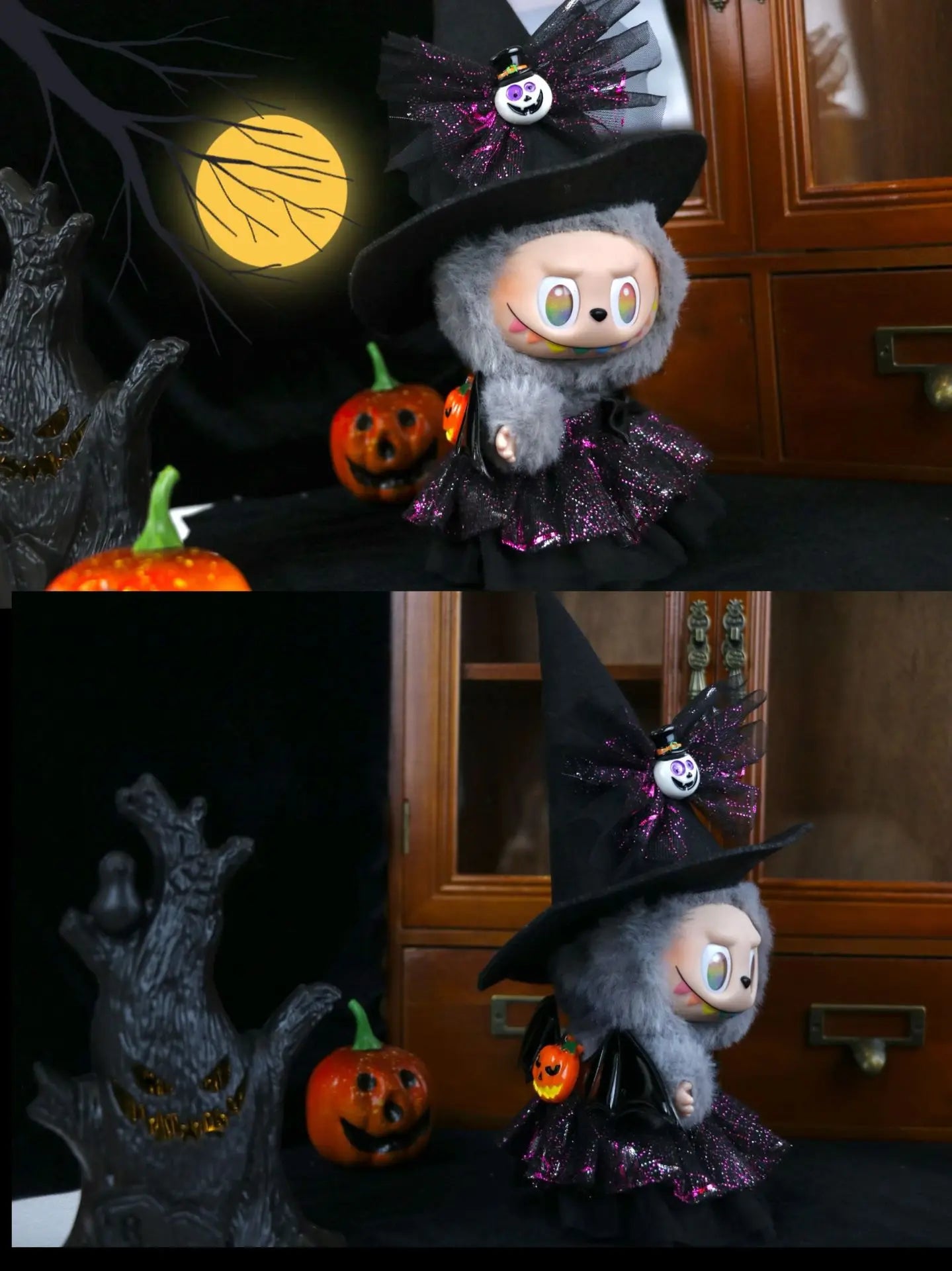 Labubu Halloween dress. Halloween-themed plush toy with witch hat and pumpkin in front of a wooden cabinet.