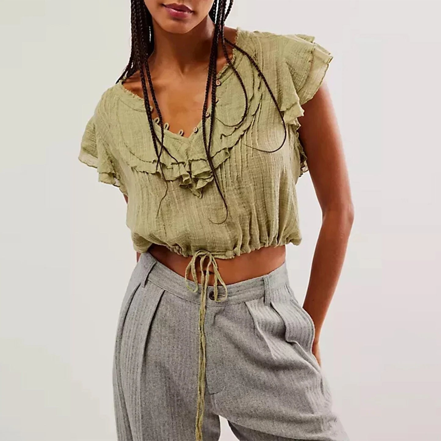 Slay the Streets – Y2K Ruffle Trim Button-Up Blouse
