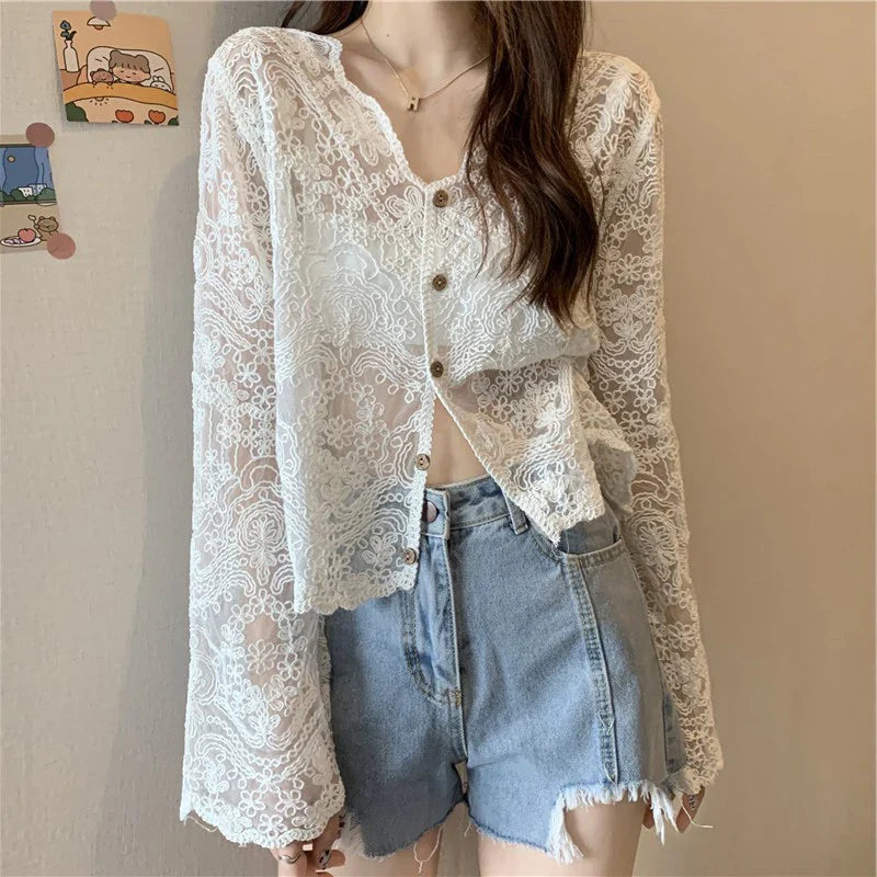 Sheer Crochet Top – Long Sleeve Button Front V-Neck Blouse