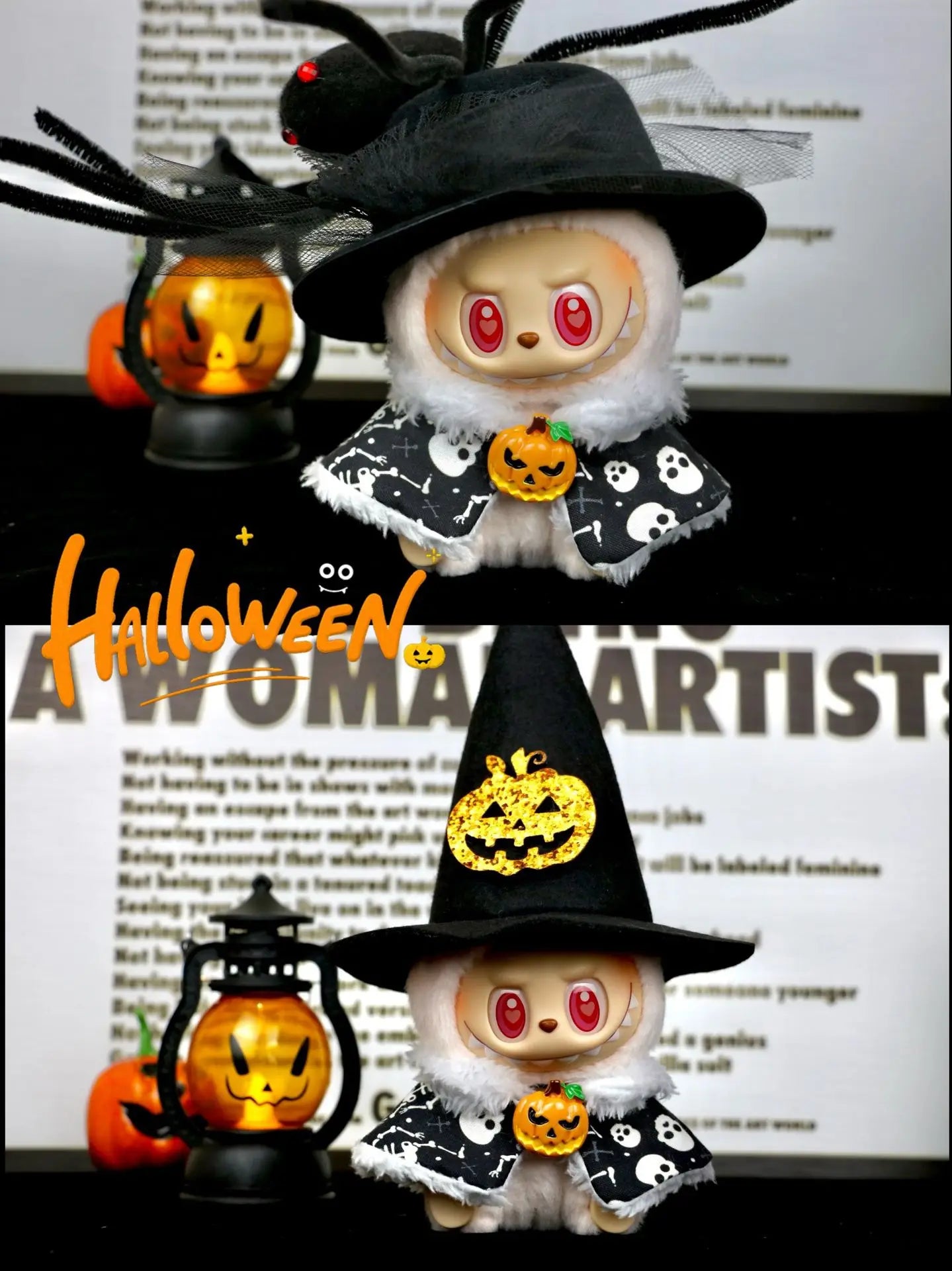 Labubu Halloween dress. Halloween-themed plush toy with a witch hat and lanterns on a magazine background