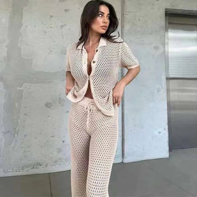 Seaside Glam – Open-Knit Cardigan & Wide-Leg Pant Ensemble