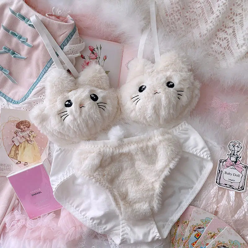 Japanese Girls Cute Lingerie Set: Cartoon Bear Plush Wireless Bra & Panty for Women