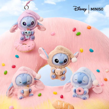 Disney Miniso Stitch plush toys on a pink cloud with colorful candies against a blue sky.