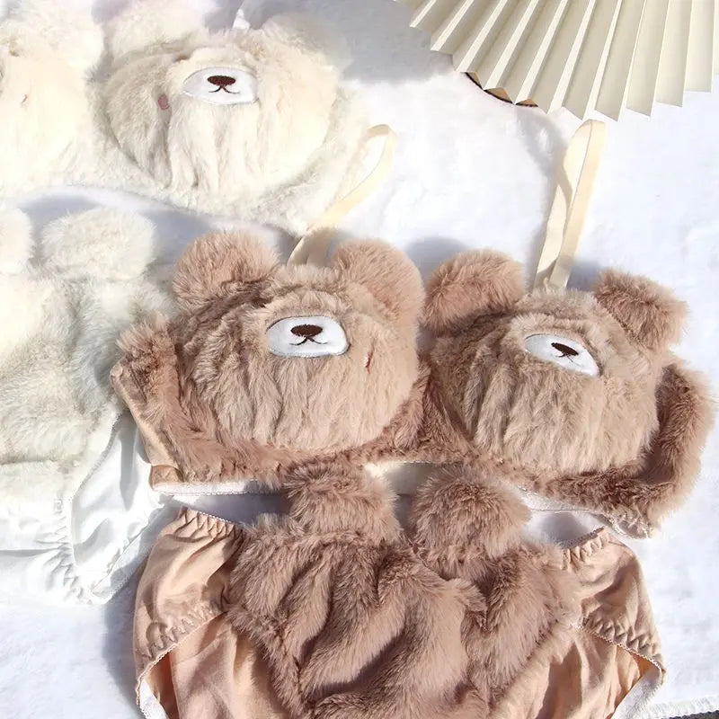Japanese Girls Cute Lingerie Set: Cartoon Bear Plush Wireless Bra & Panty for Women
