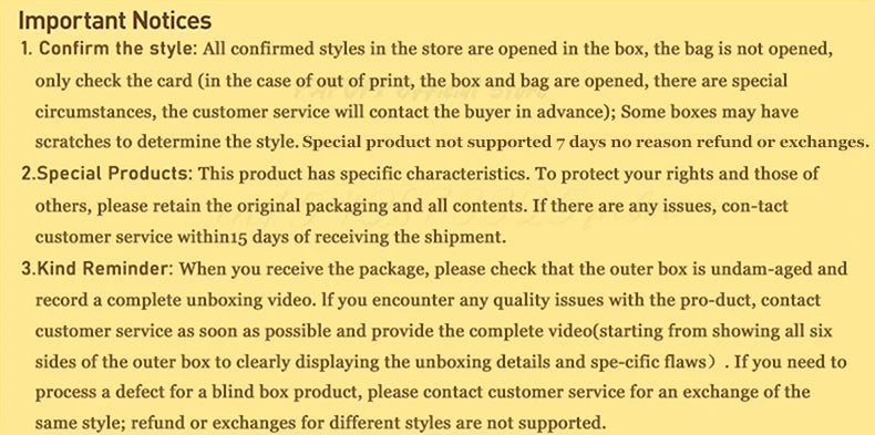 Text-based notice with important store policies on a yellow background