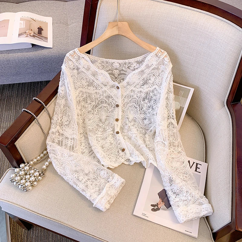 Sheer Crochet Top – Long Sleeve Button Front V-Neck Blouse