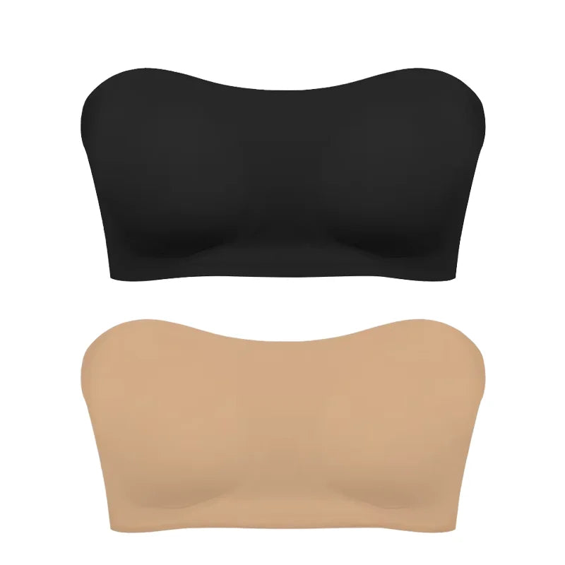 Black and beige strapless bras on a white background
