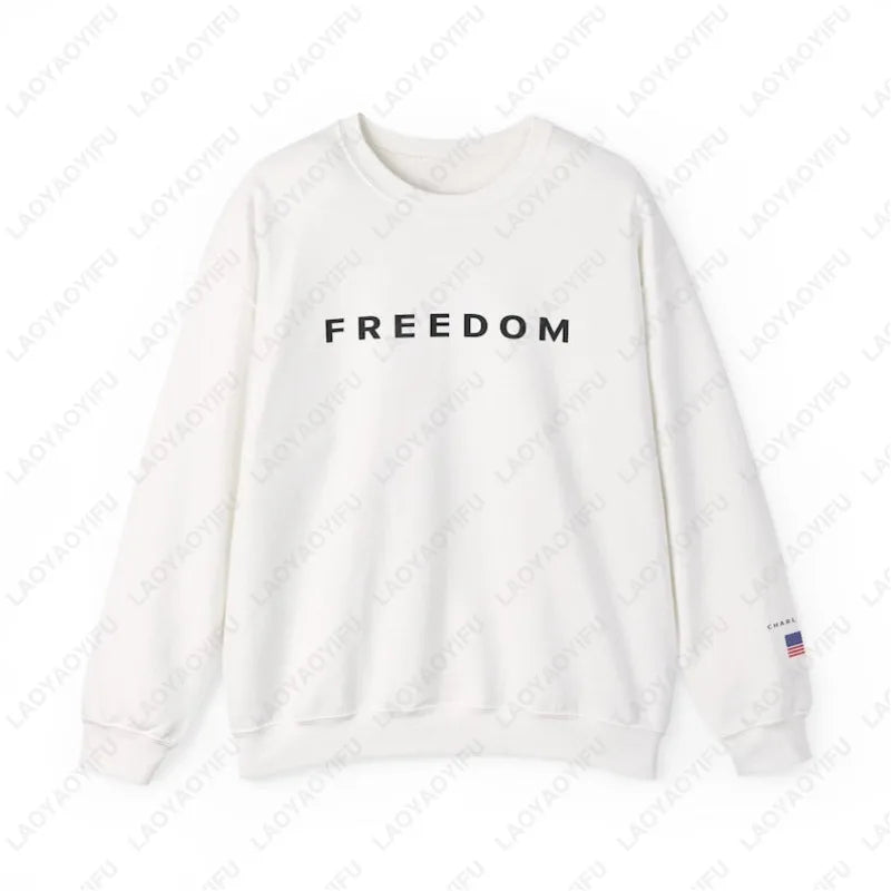 White sweatshirt with 'FREEDOM' text on a white background