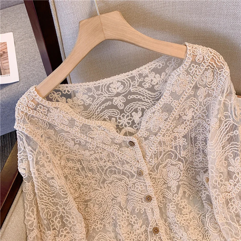 Sheer Crochet Top – Long Sleeve Button Front V-Neck Blouse
