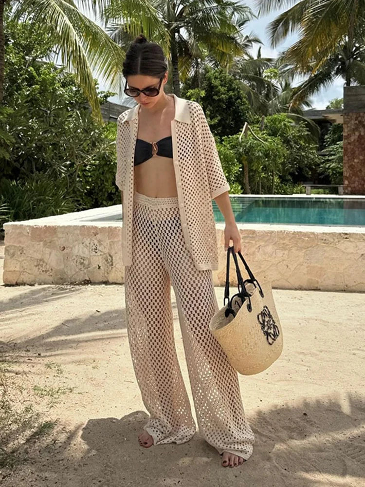 Seaside Glam – Open-Knit Cardigan & Wide-Leg Pant Ensemble