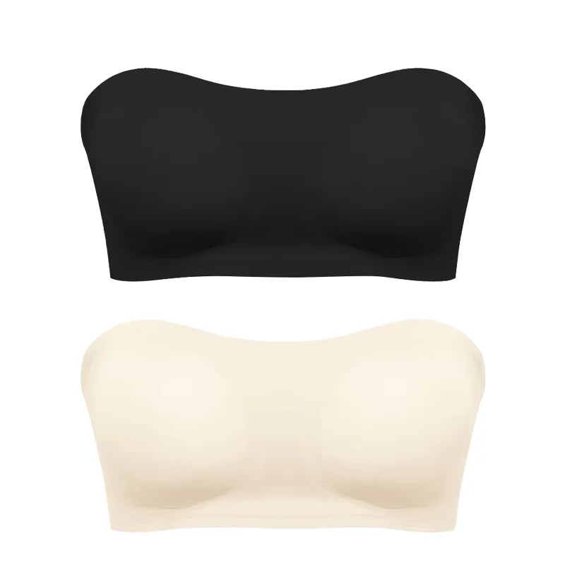 Black and beige strapless bras on a white background
