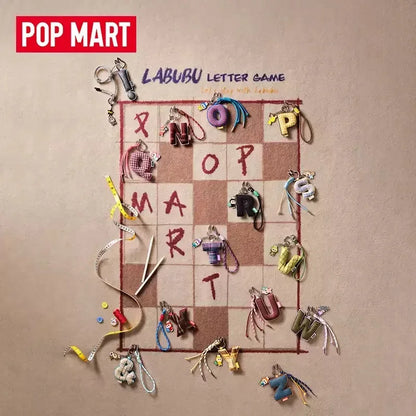 Labubu Pin for Love. Board game with letter-shaped keychains and 'Pop Mart' branding on a beige background