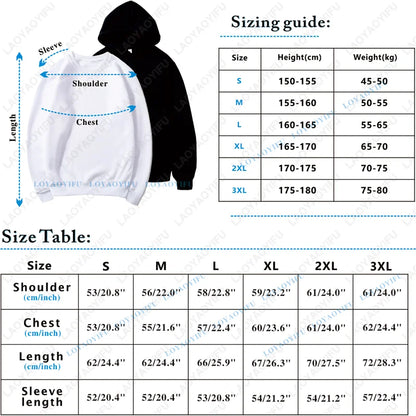 Sizing guide for a hoodie with measurements and weight ranges.