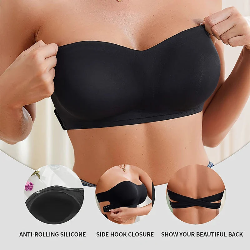 Black strapless bra being worn with close-up insets highlighting features on a light background