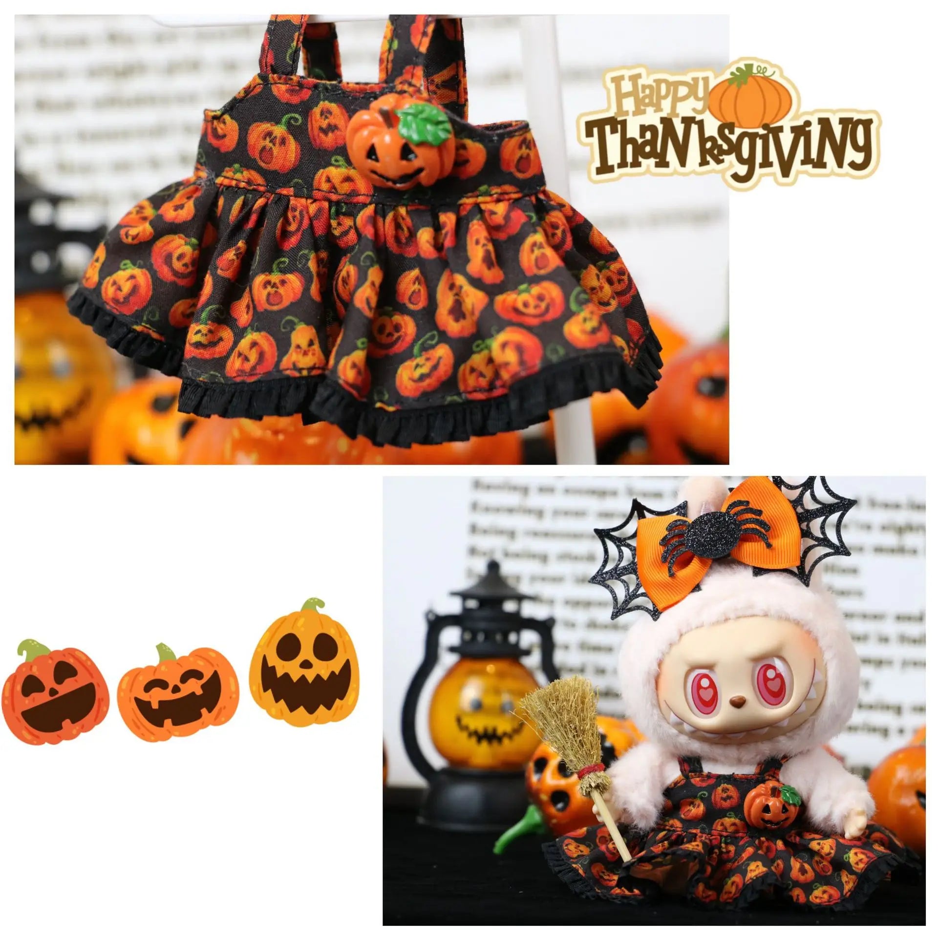Labubu Halloween dress. Collection of Halloween-themed products including a dress, plush toy, and pumpkin decorations with 'Happy Thanksgiving' text.
