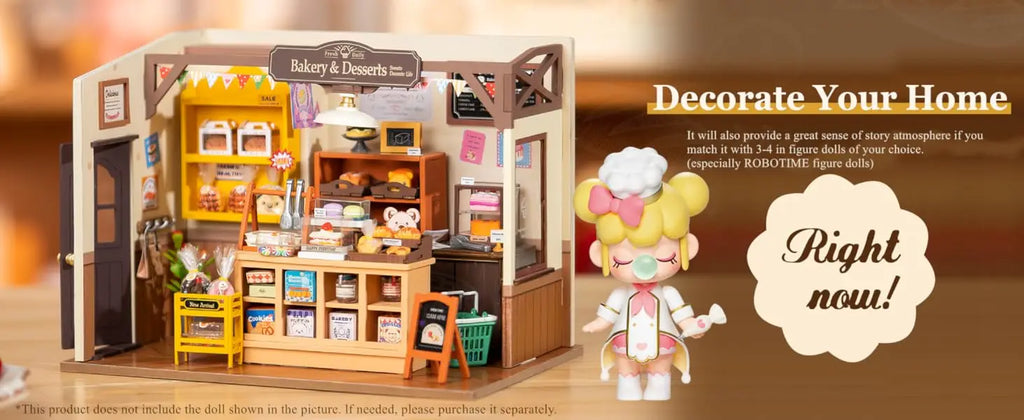 Toy bakery set with a character figure and promotional text on a warm-toned background