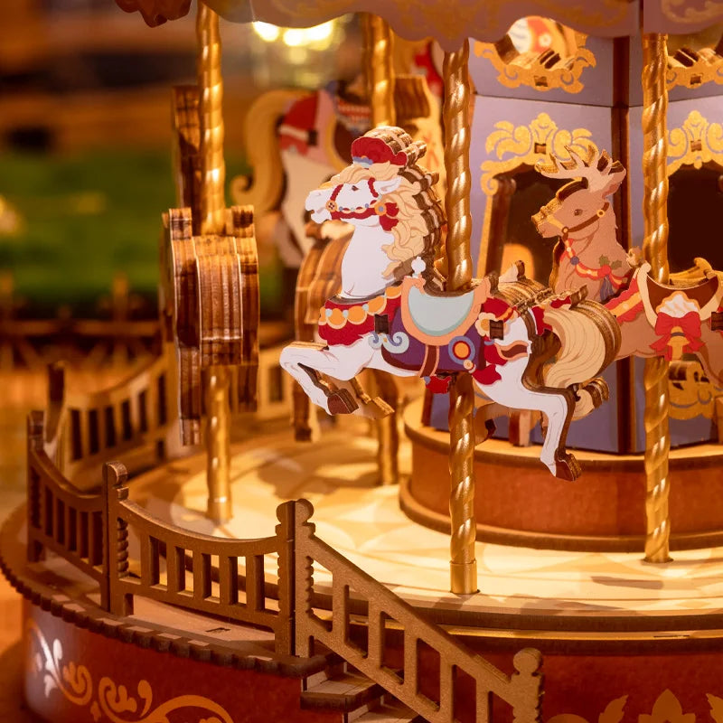 Close-up of a wooden carousel toy with horses and reindeer figures.