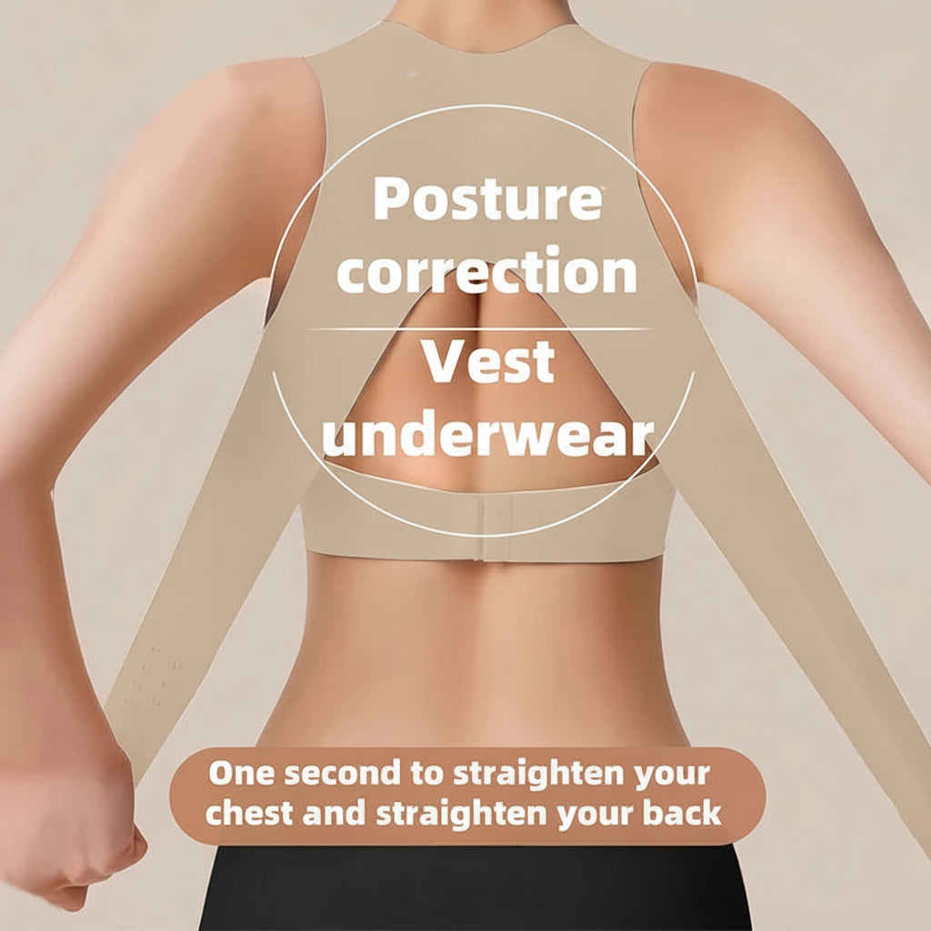 Beige posture correction vest with text on a beige background